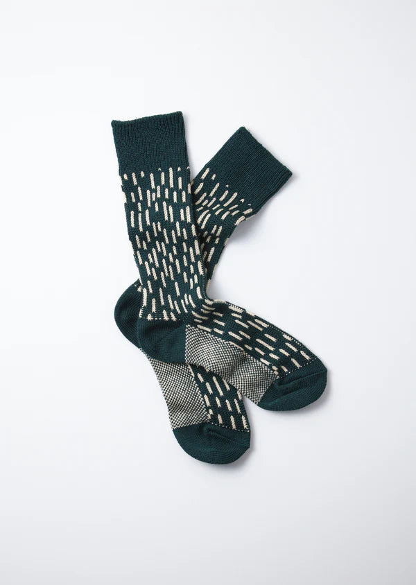 Rototo Rain Drop Crew Socks in green and ivory