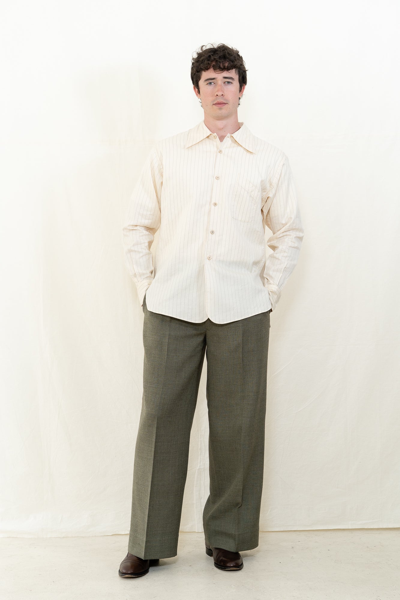 MotivMfg Savon Cotton Silk Ivory Striped Shirt