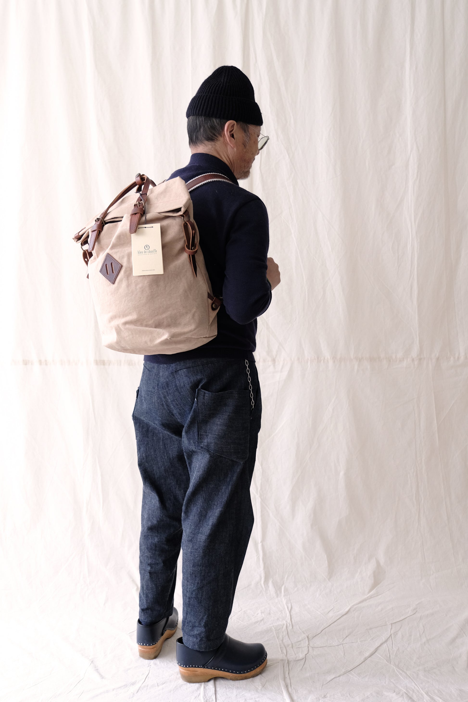 bleu de chauffe convertible leather trimmed canvas backpack Bleu de Chauffe Woody Stonewashed Backpack