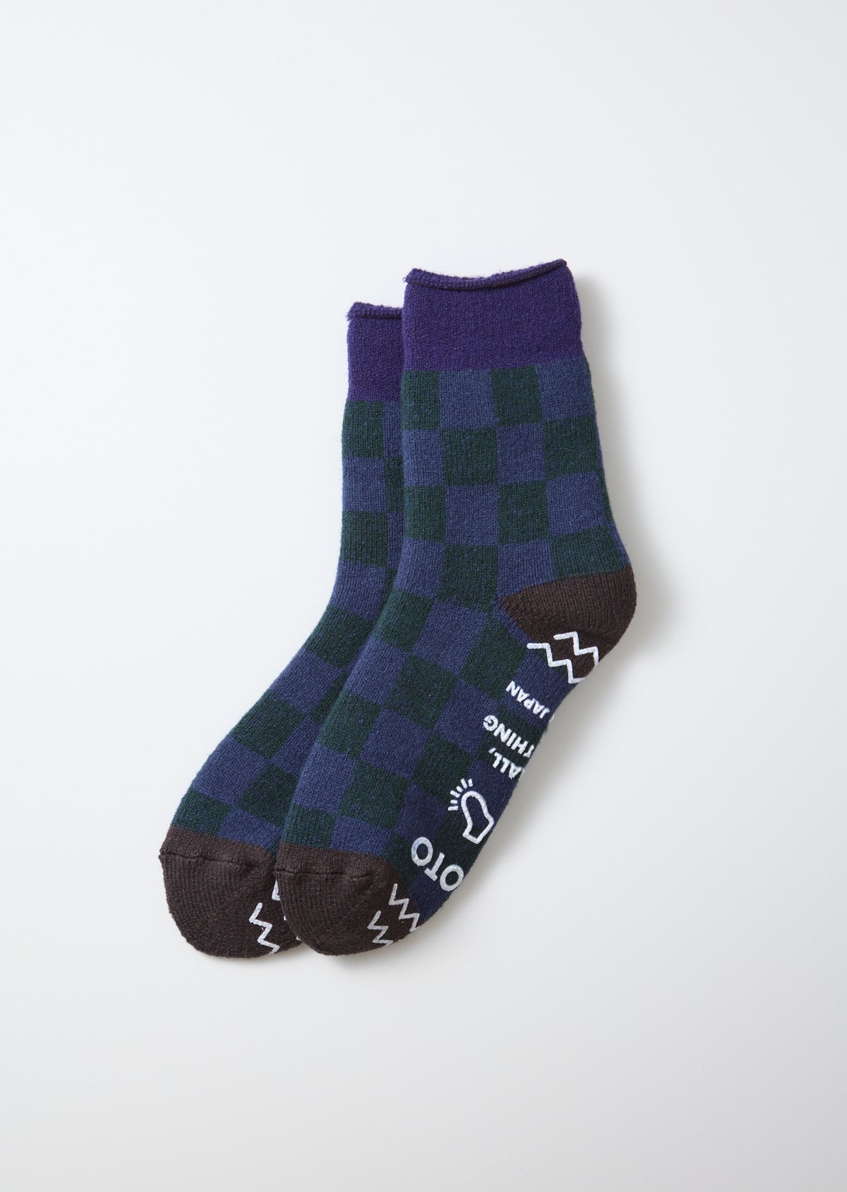 ROTOTO Checker Pile Room Sock in Navy/Charcoal