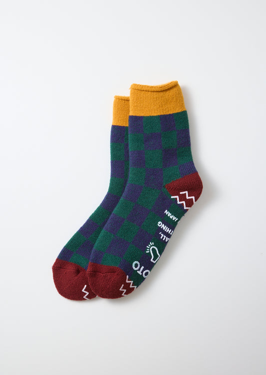 ROTOTO Checker Pile Room Sock in Yellow/Maroon