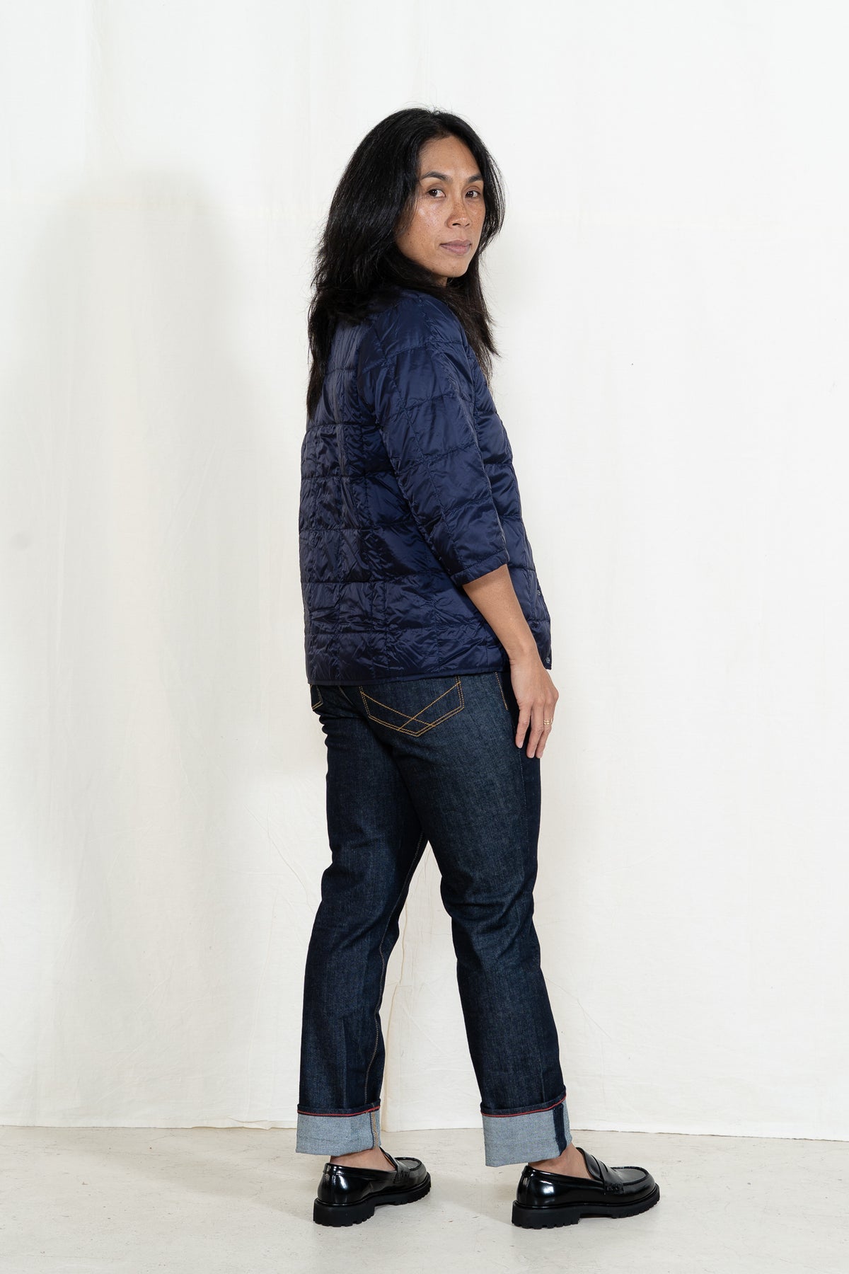 TAION Crew Neck 3/4 Sleeve Jacket in Navy