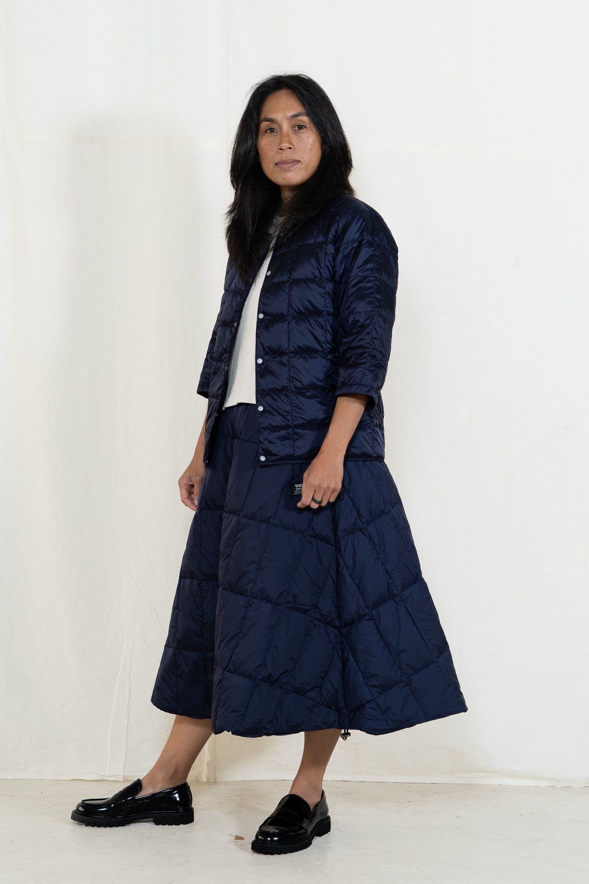 TAION Down Flare Skirt in Dark Navy