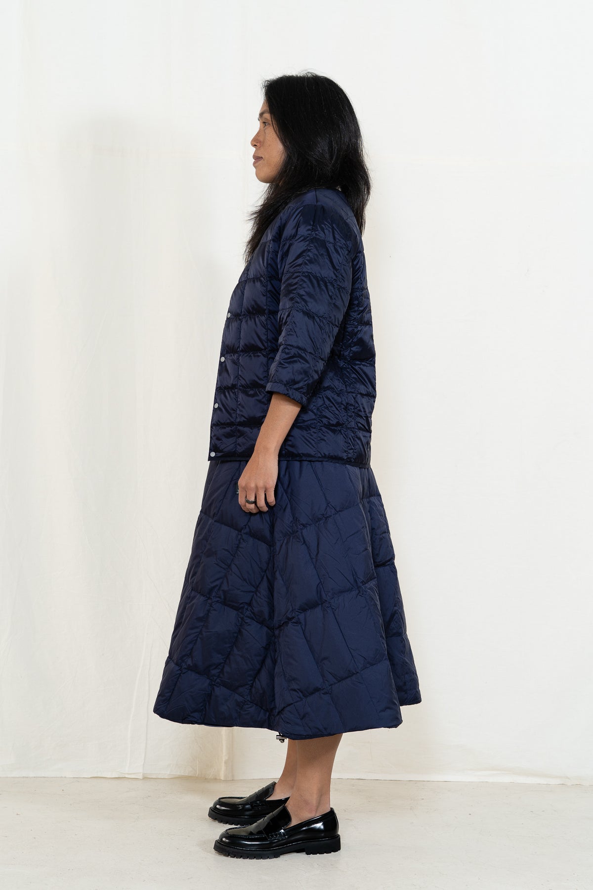 TAION Down Flare Skirt in Dark Navy