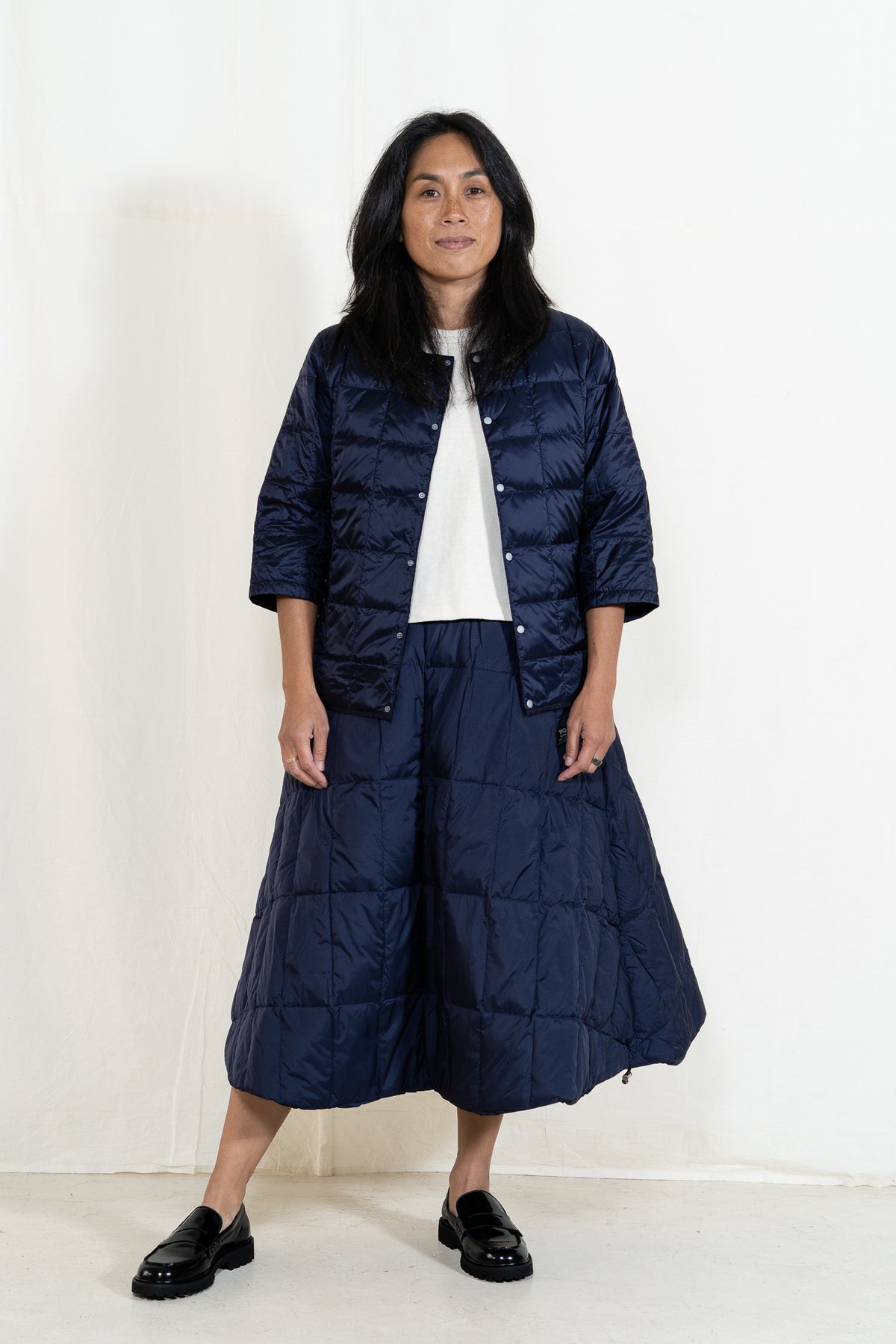 TAION Down Flare Skirt in Dark Navy