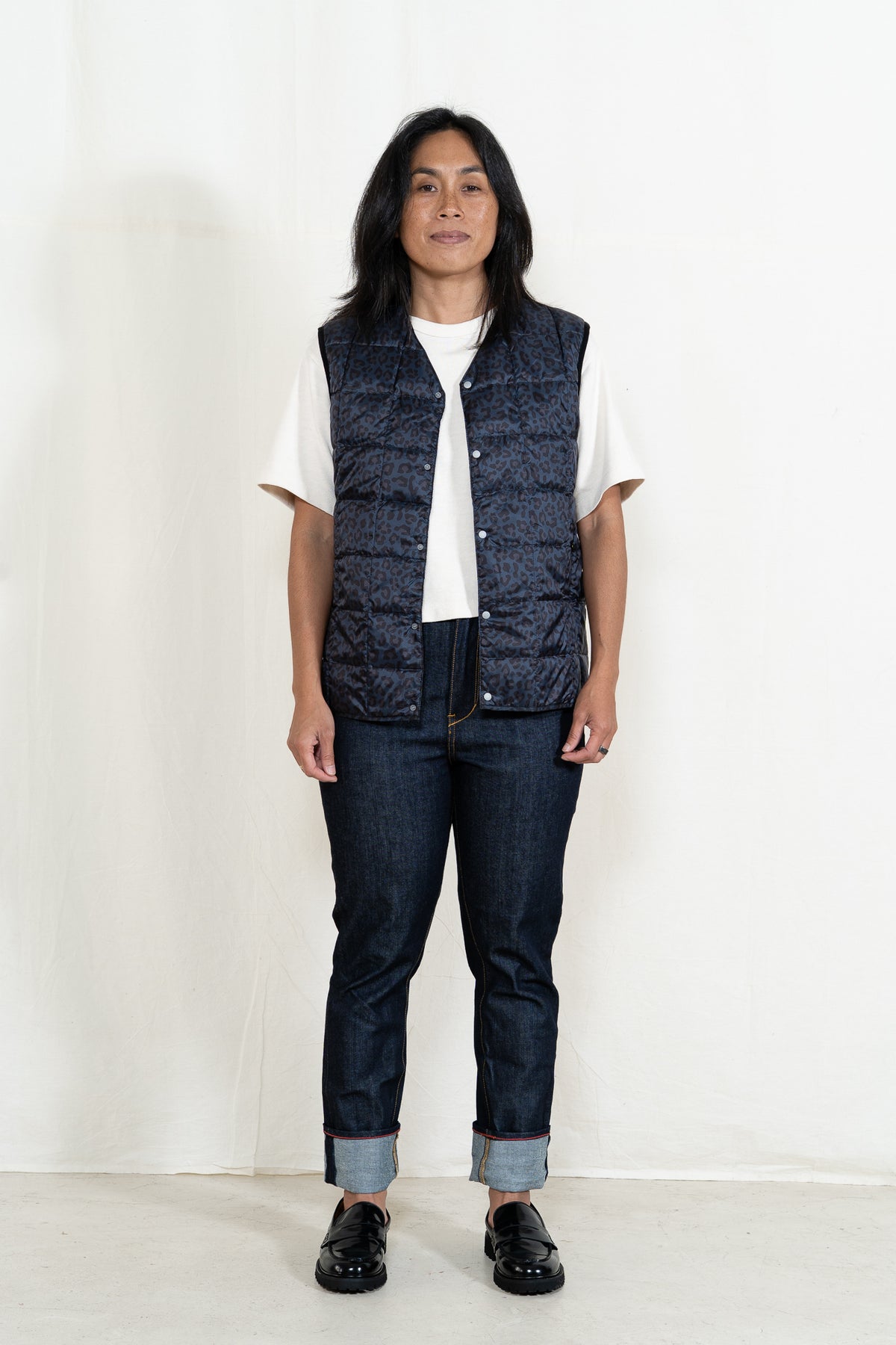 TAION Button Down Vest in Black Leopard