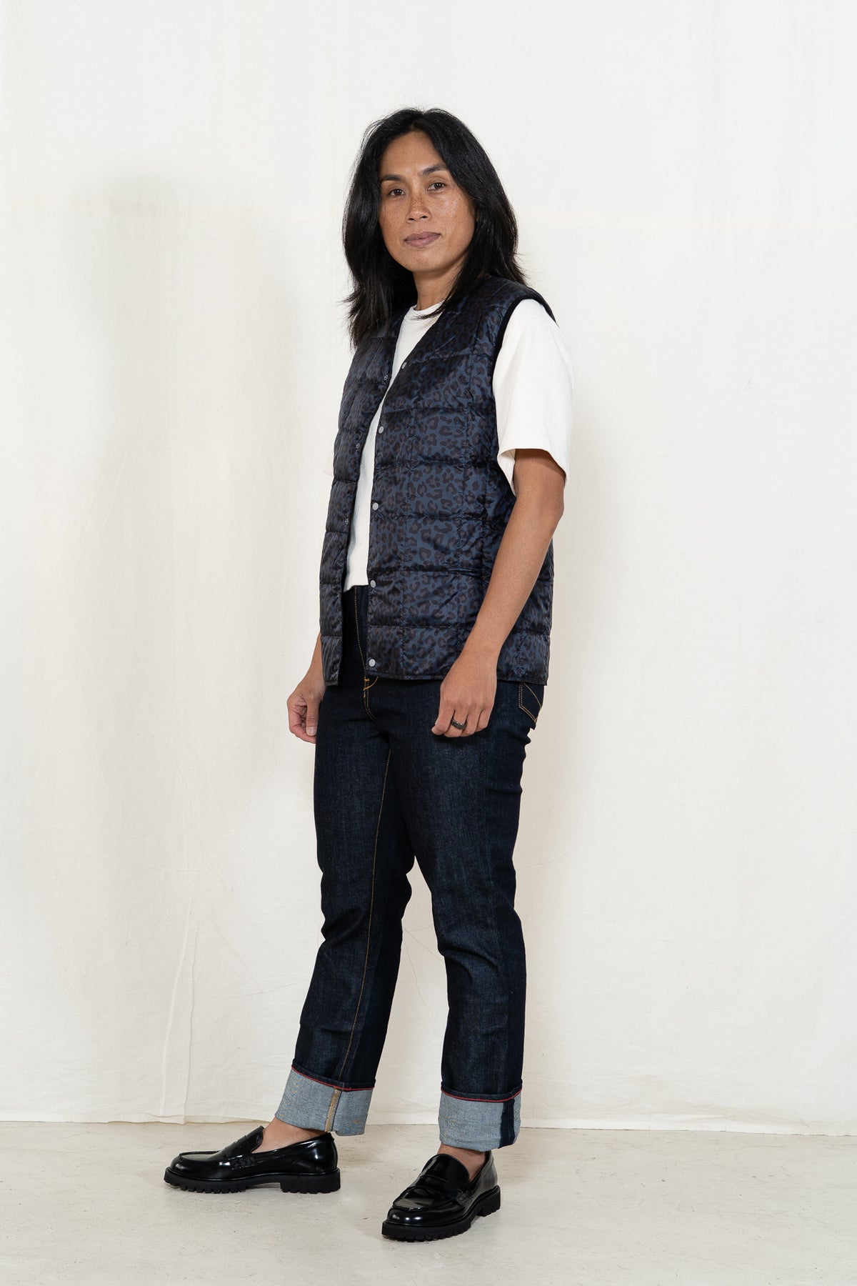 TAION Button Down Vest in Black Leopard