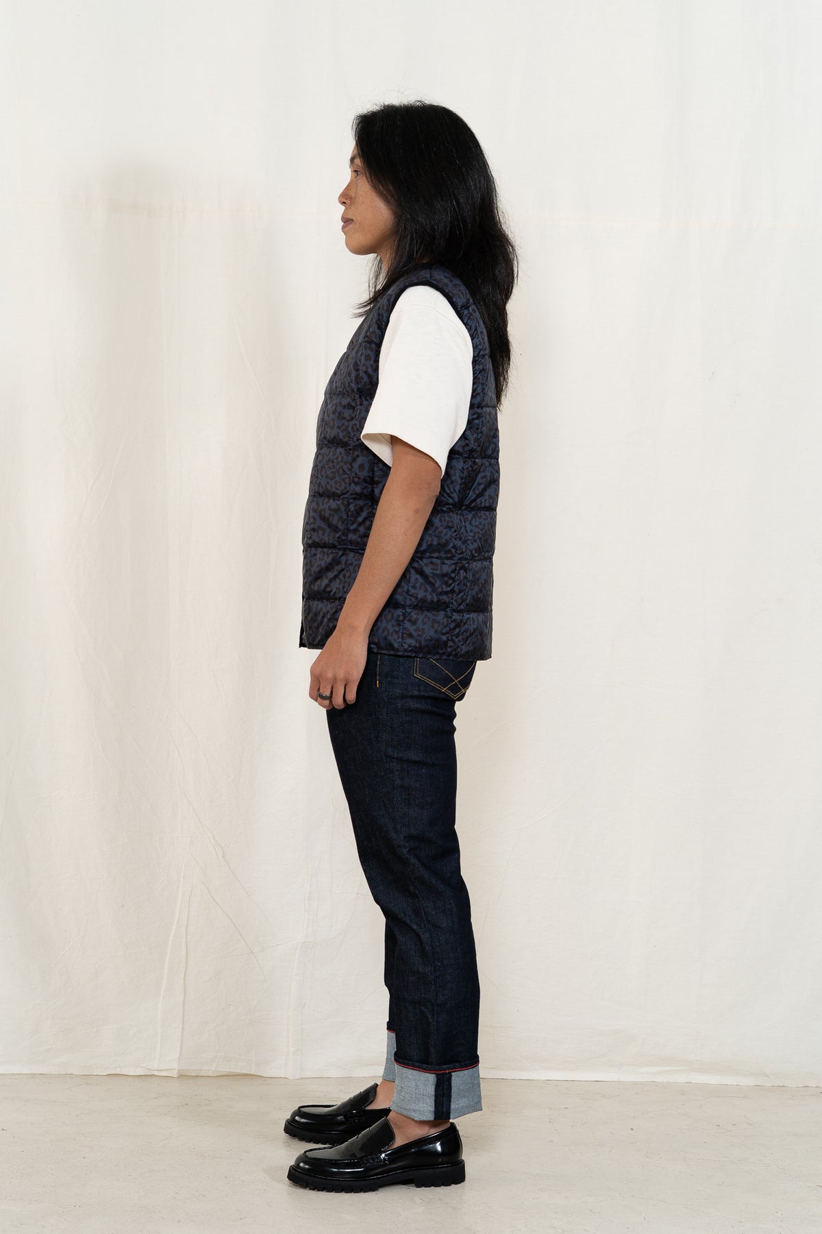 TAION Button Down Vest in Black Leopard