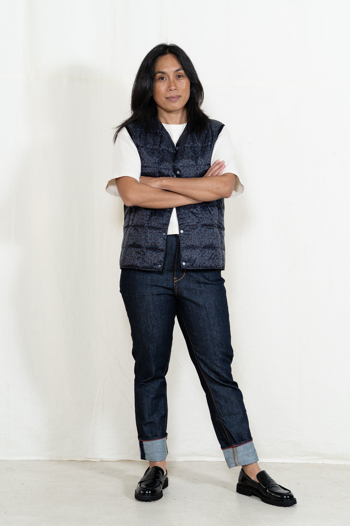 TAION Button Down Vest in Black Leopard