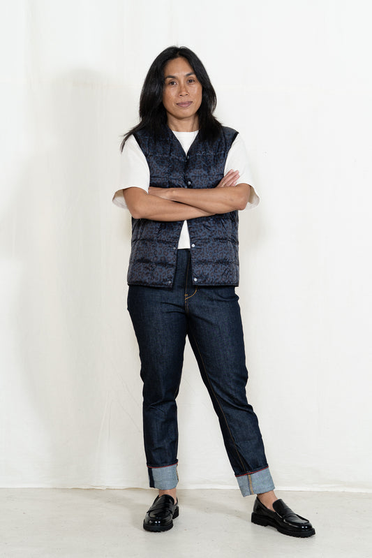 TAION Button Down Vest in Black Leopard