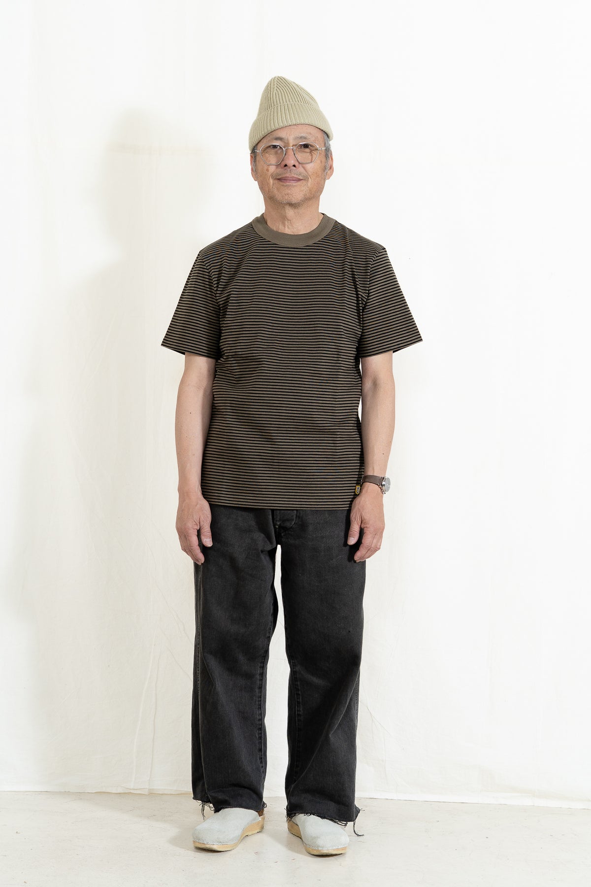 Armor-Lux Striped SS T-Shirt in Olive and Noir