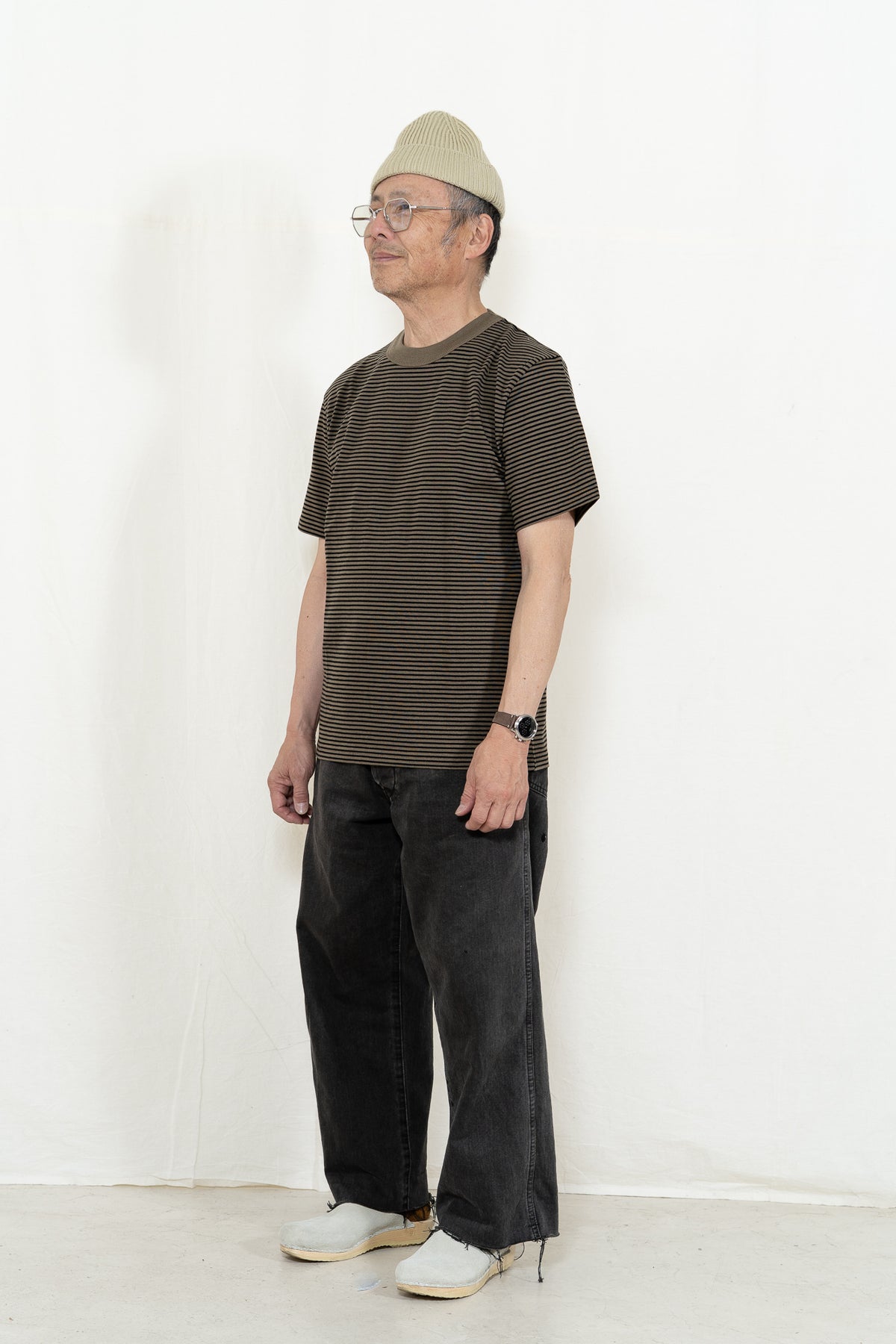 Armor-Lux Striped SS T-Shirt in Olive and Noir