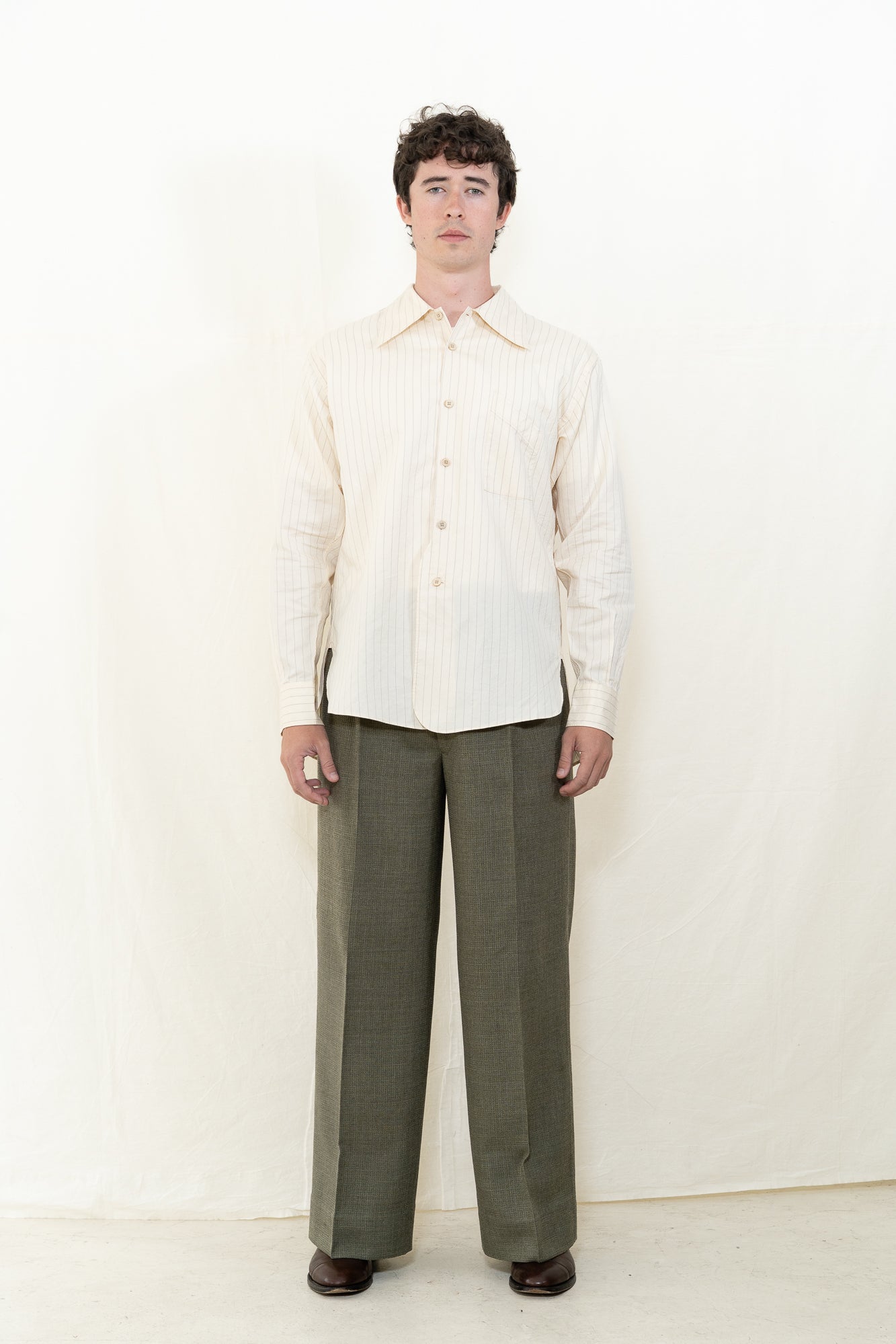 MotivMfg Savon Cotton Silk Ivory Striped Shirt