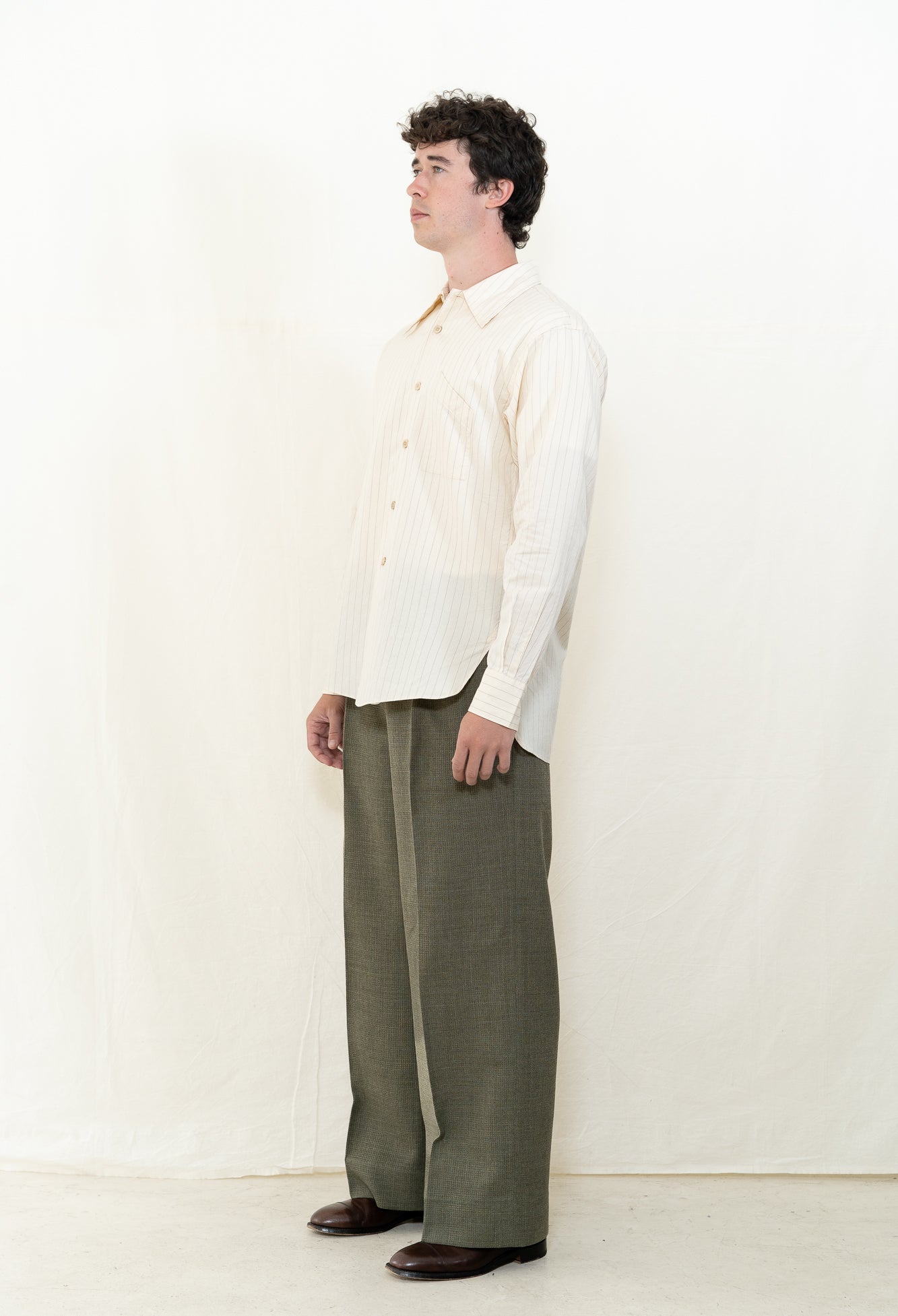 MotivMfg Savon Cotton Silk Ivory Striped Shirt