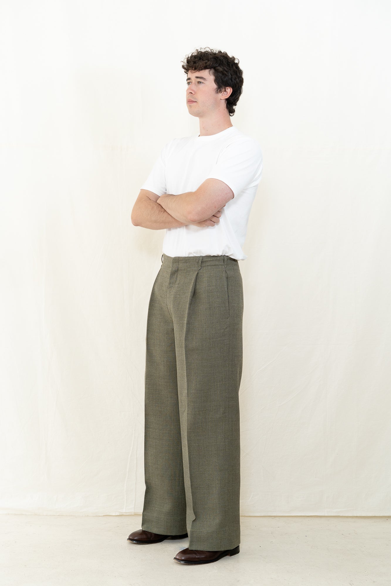 MotivMfg Mono Micro Check Trousers in Sage