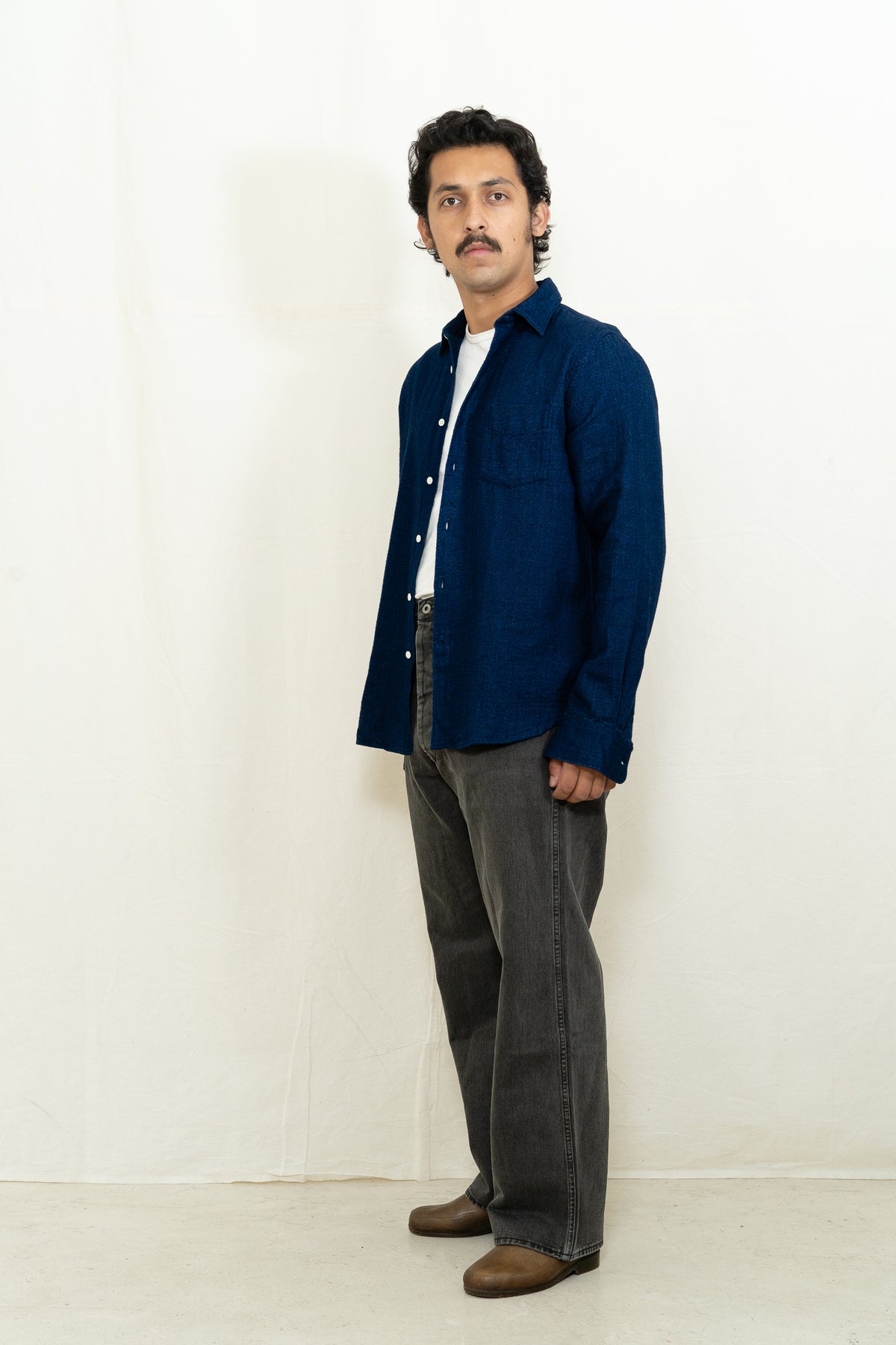 C.O.F. Studio Long Sleeve Standard Shirt in Dark Indigo Dobby