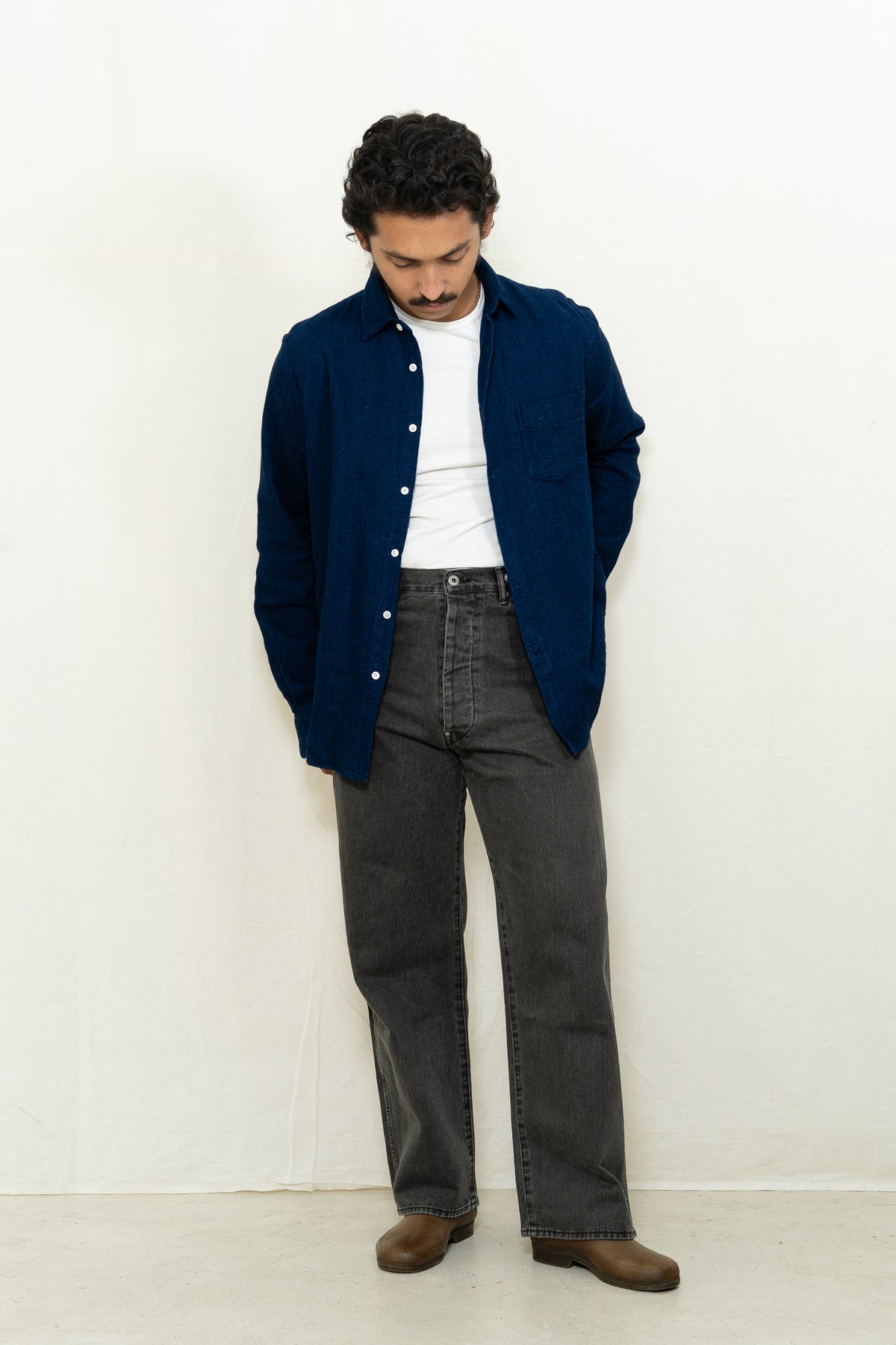 C.O.F. Studio Long Sleeve Standard Shirt in Dark Indigo Dobby