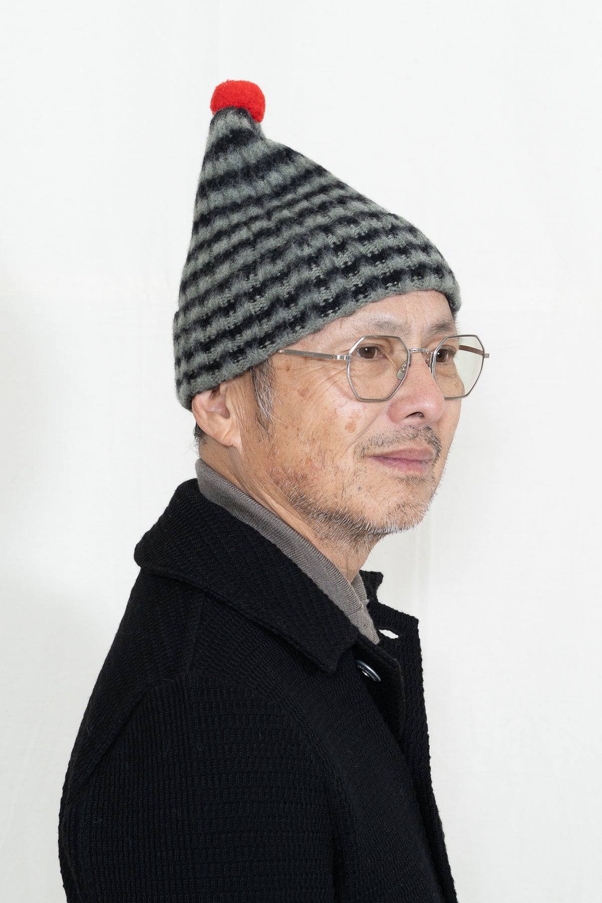 Jo Gordon Rib Narrow Stripe Pompom Hat in Black and Moss