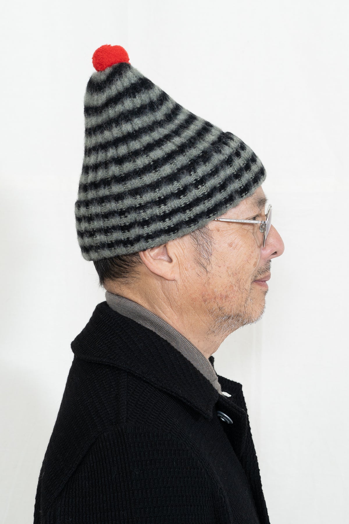 Jo Gordon Rib Narrow Stripe Pompom Hat in Black and Moss