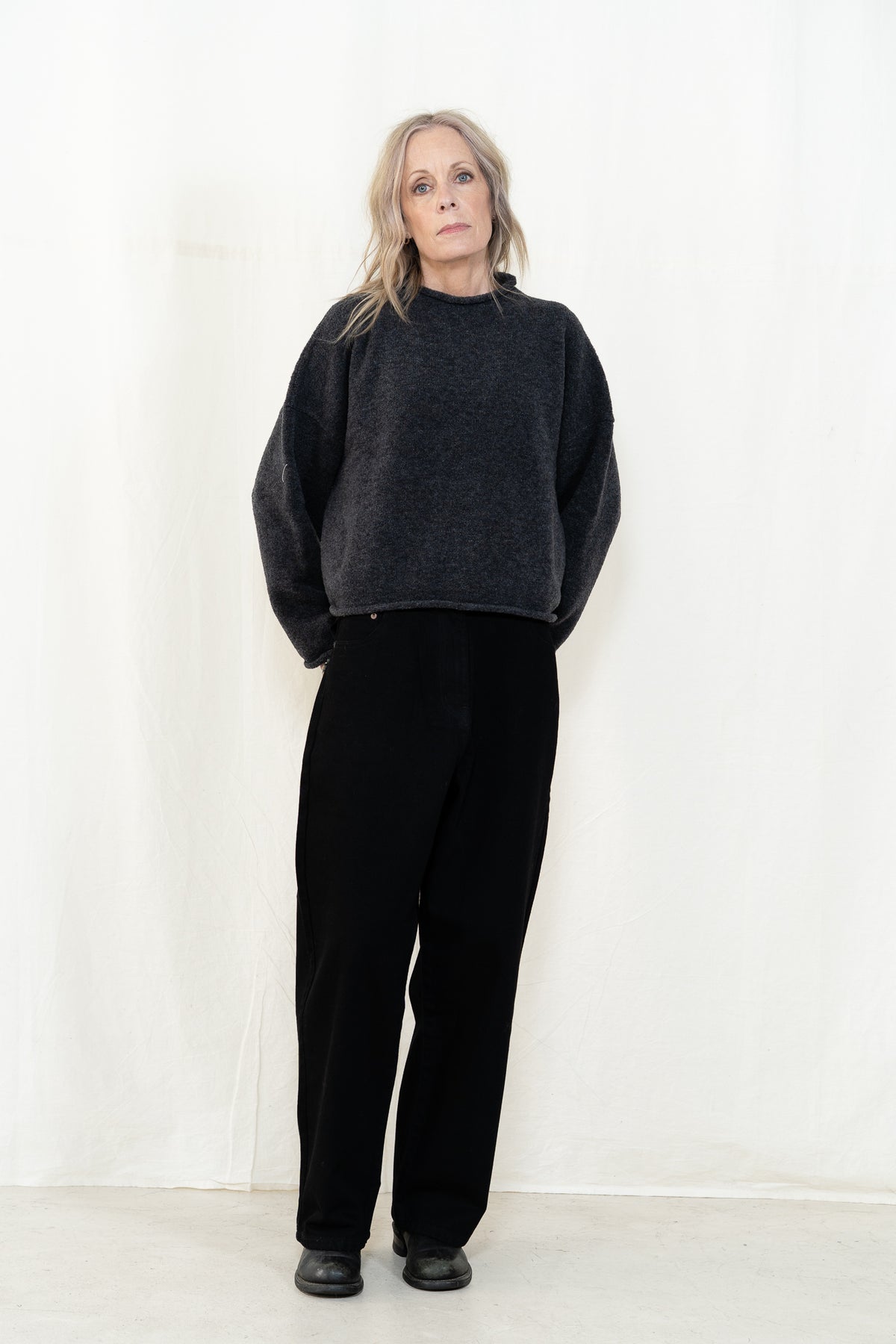 Micaela Greg Boucle Rolled Sweater in Charcoal