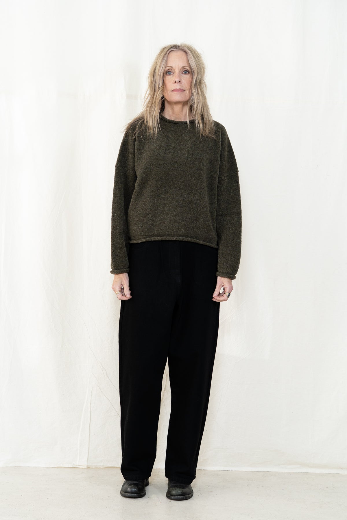 Micaela Greg Boucle Rolled Sweater in Dark Olive