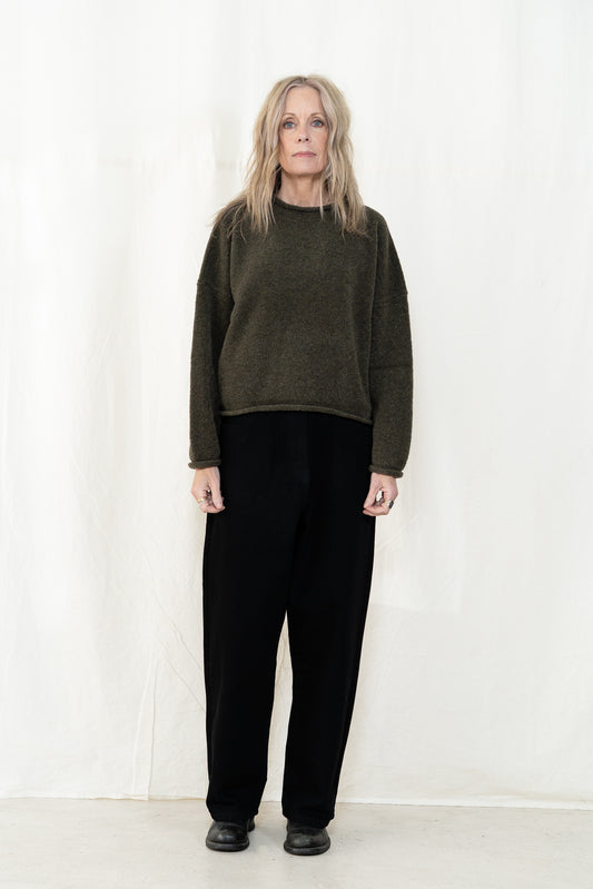 Micaela Greg Boucle Rolled Sweater in Dark Olive