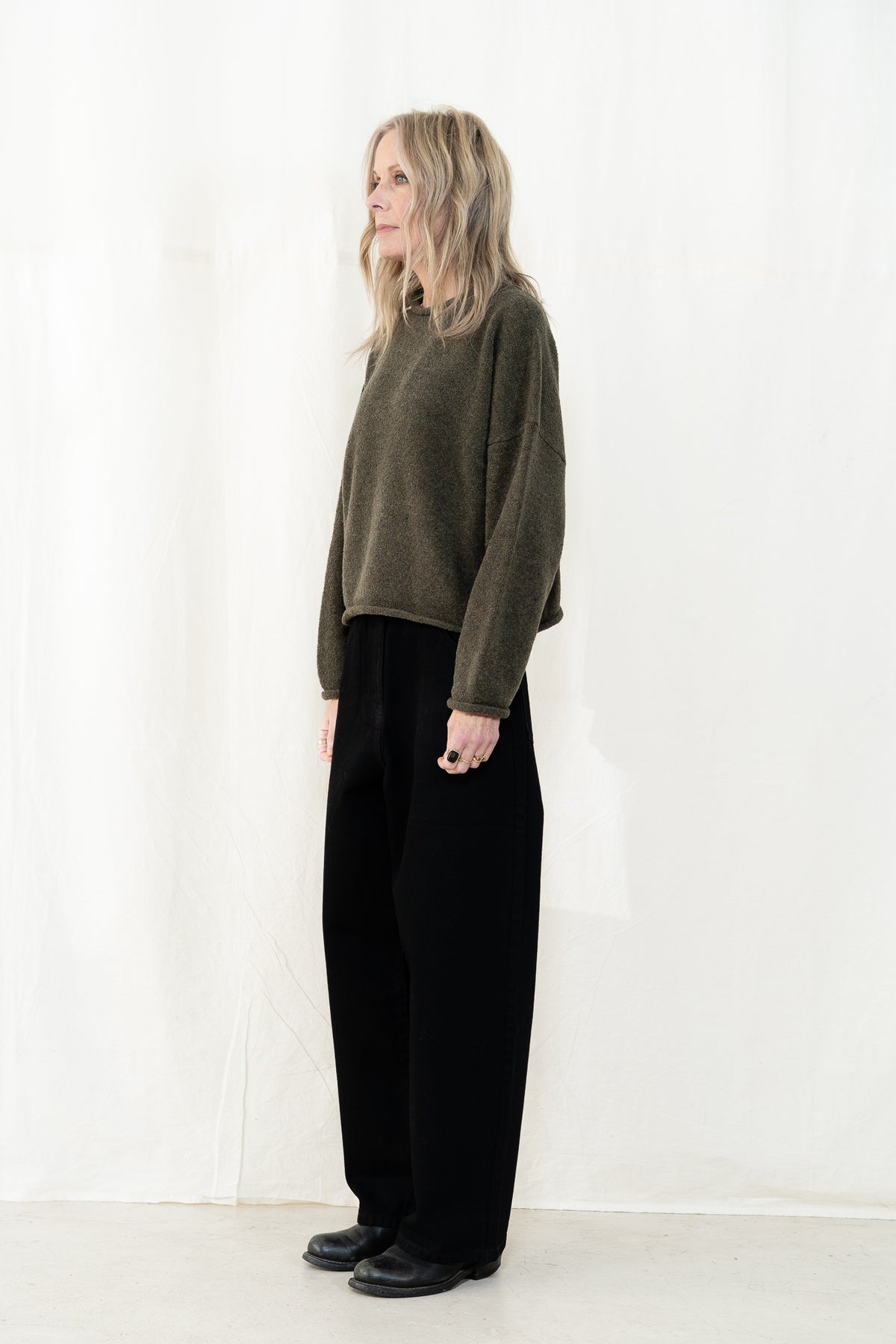 Micaela Greg Boucle Rolled Sweater in Dark Olive