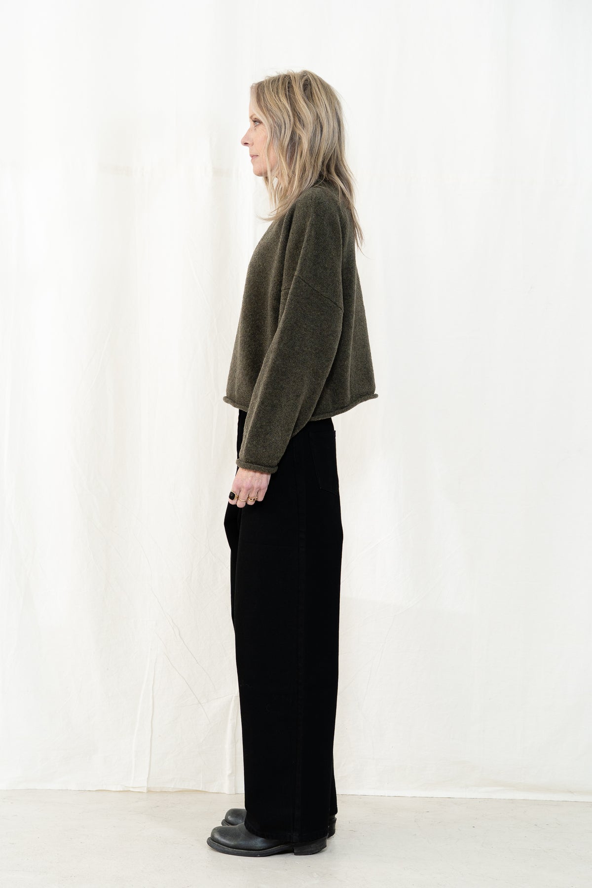 Micaela Greg Boucle Rolled Sweater in Dark Olive