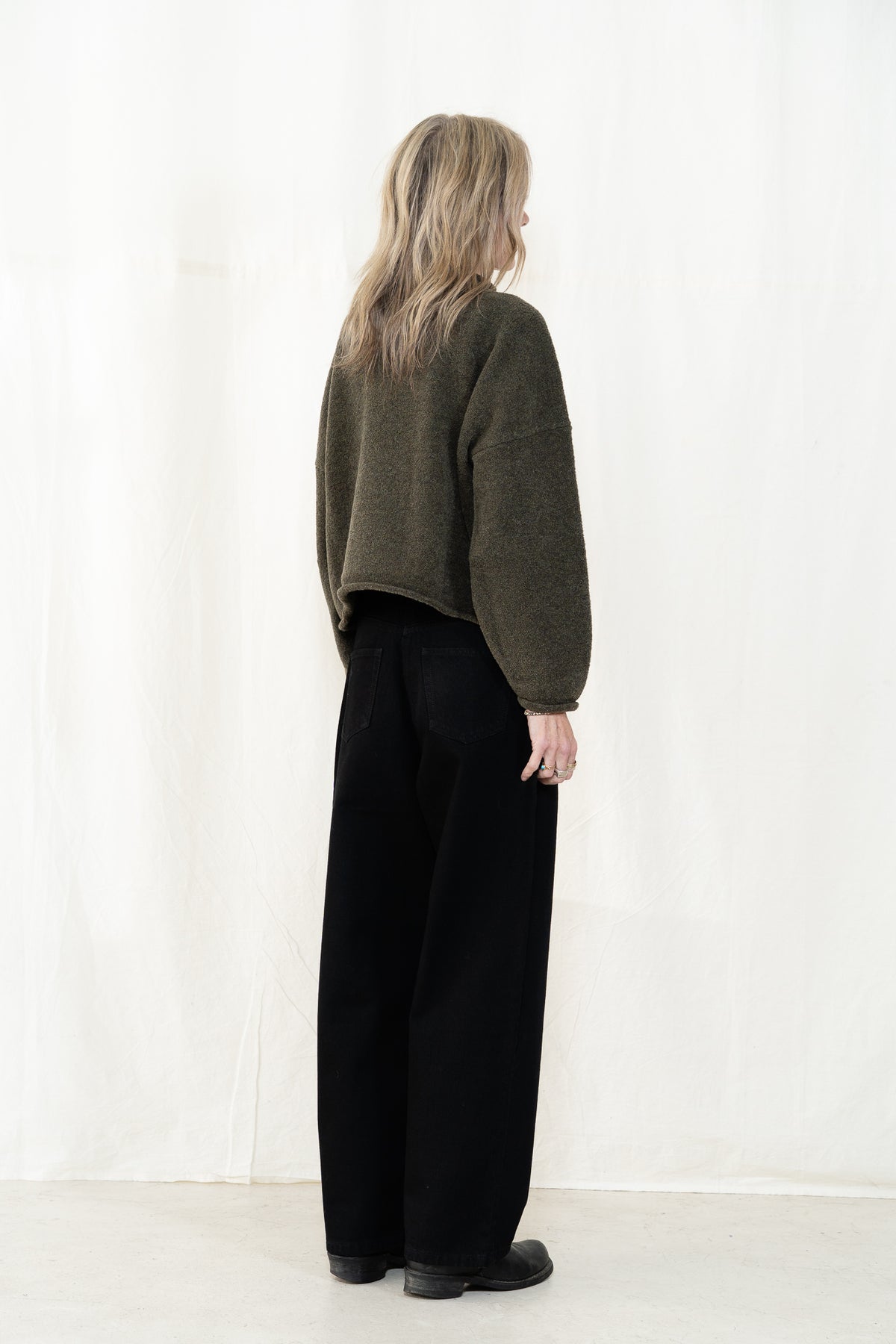 Micaela Greg Boucle Rolled Sweater in Dark Olive