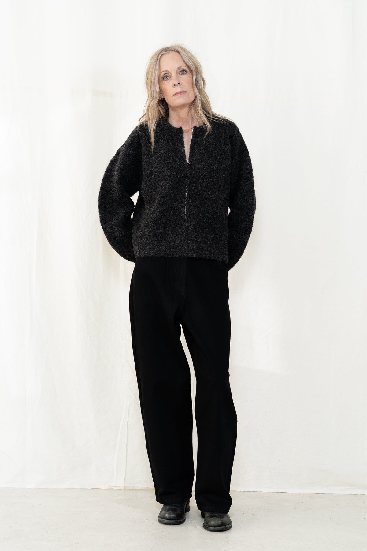 Micaela Greg Boucle Zip Cardigan in Charcoal