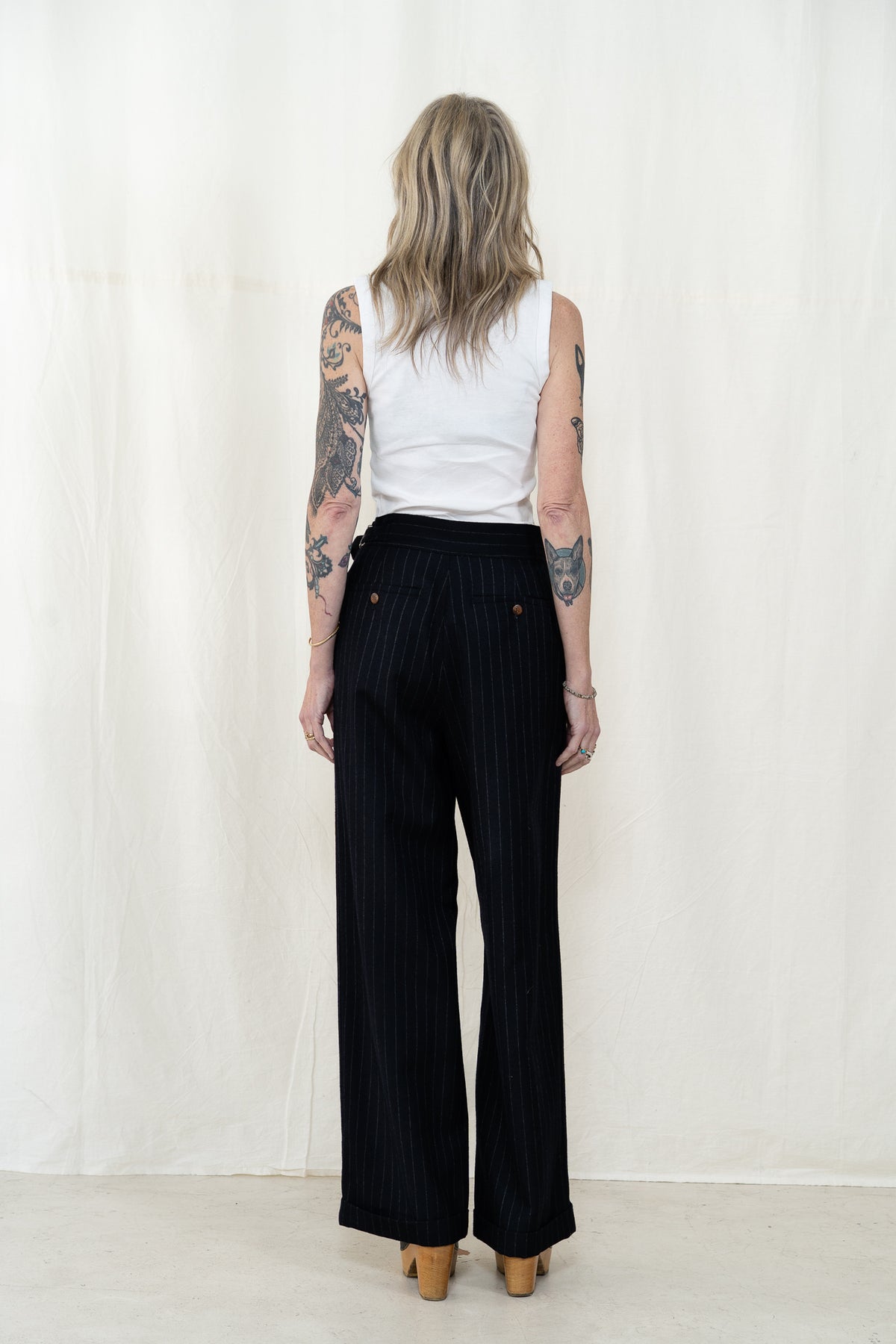 Hye Sun Mun Atelier Pants in Navy Pin Stripe