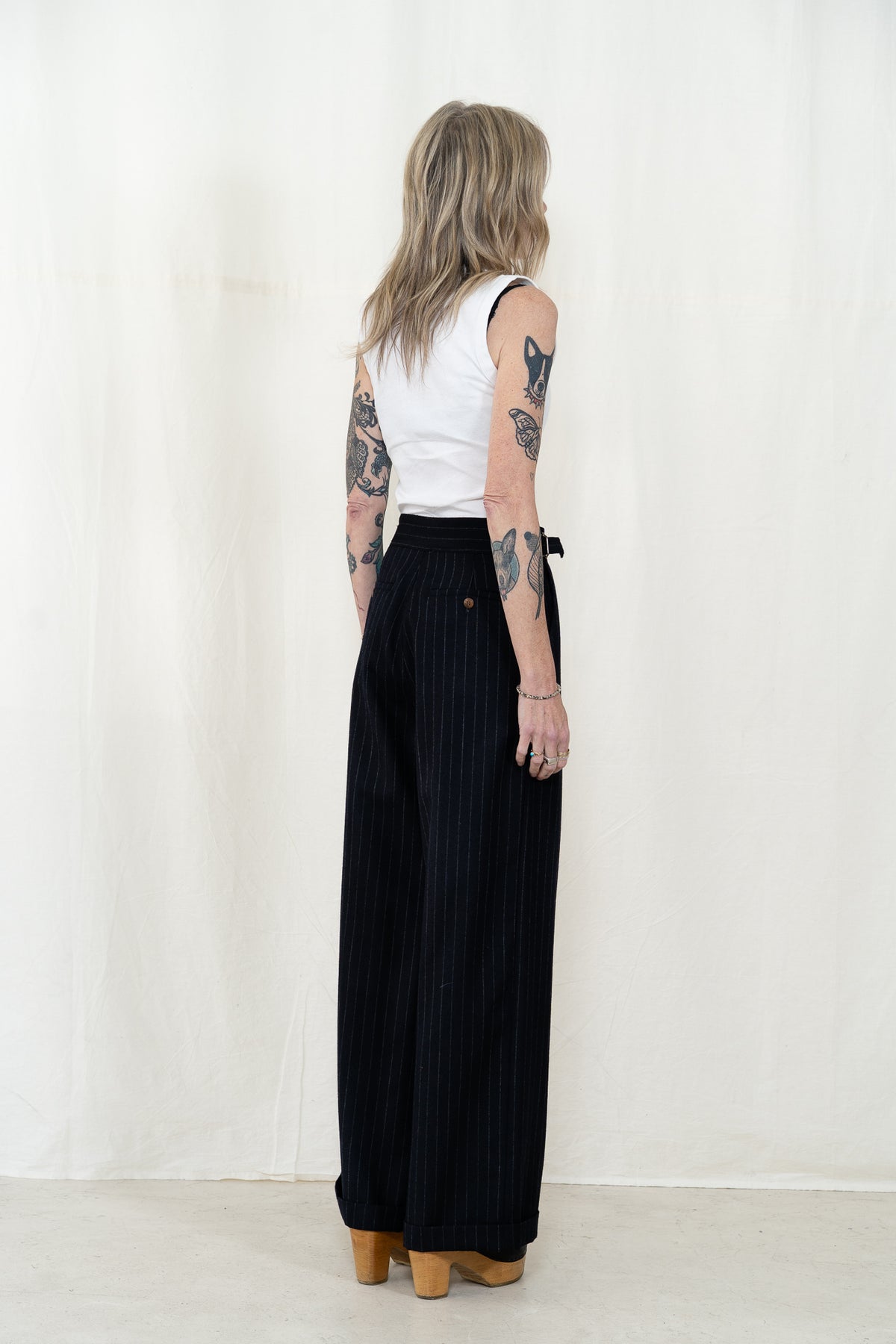 Hye Sun Mun Atelier Pants in Navy Pin Stripe