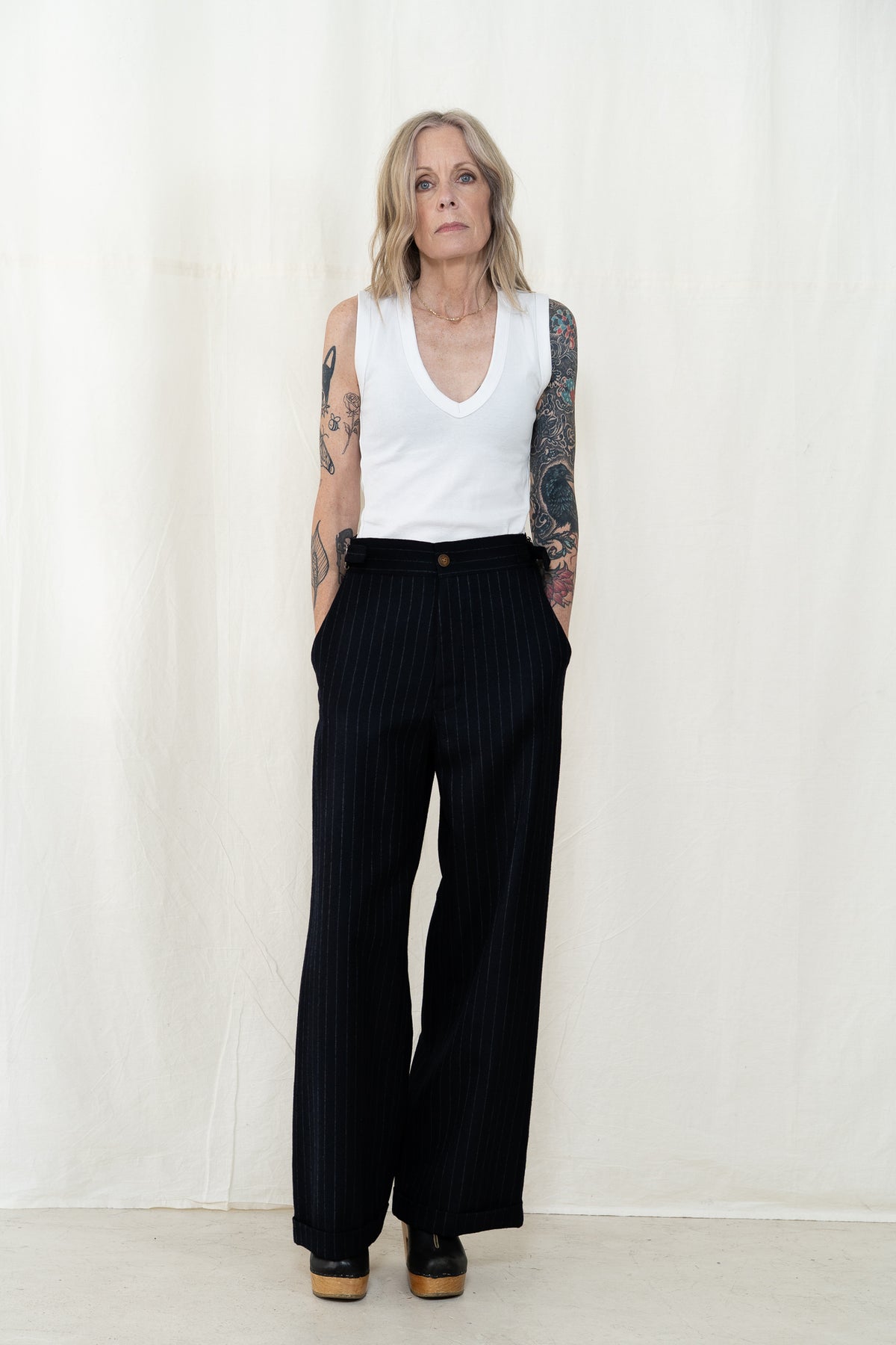 Hye Sun Mun Atelier Pants in Navy Pin Stripe