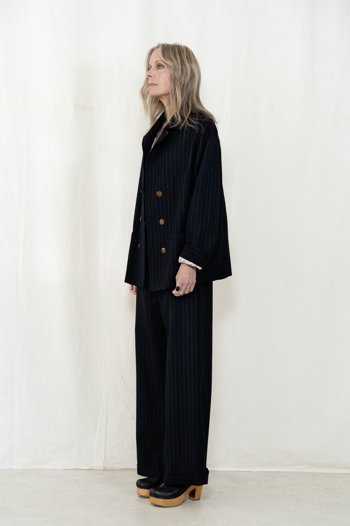 Hye Sun Mun Hutton Jacket in Navy Pin Stripe