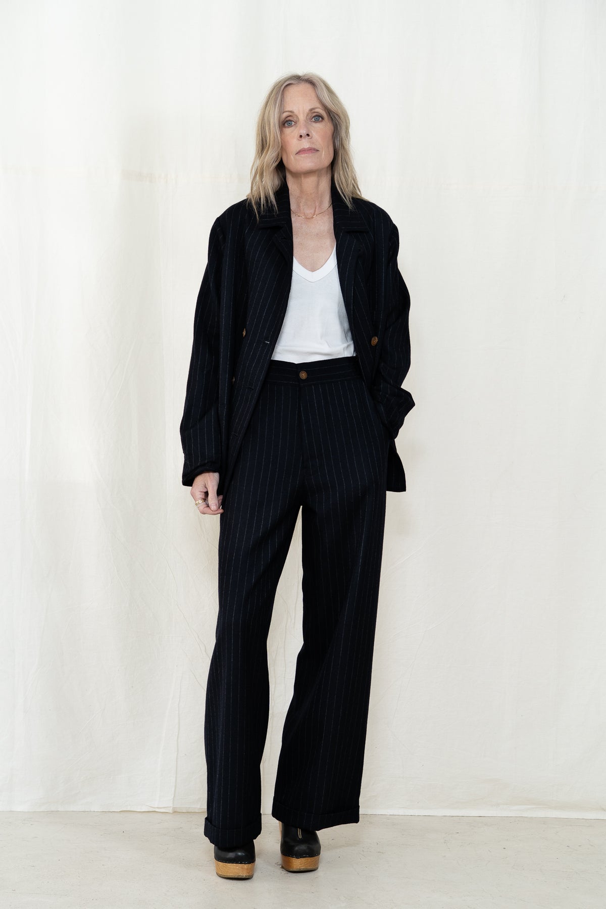 Hye Sun Mun Hutton Jacket in Navy Pin Stripe