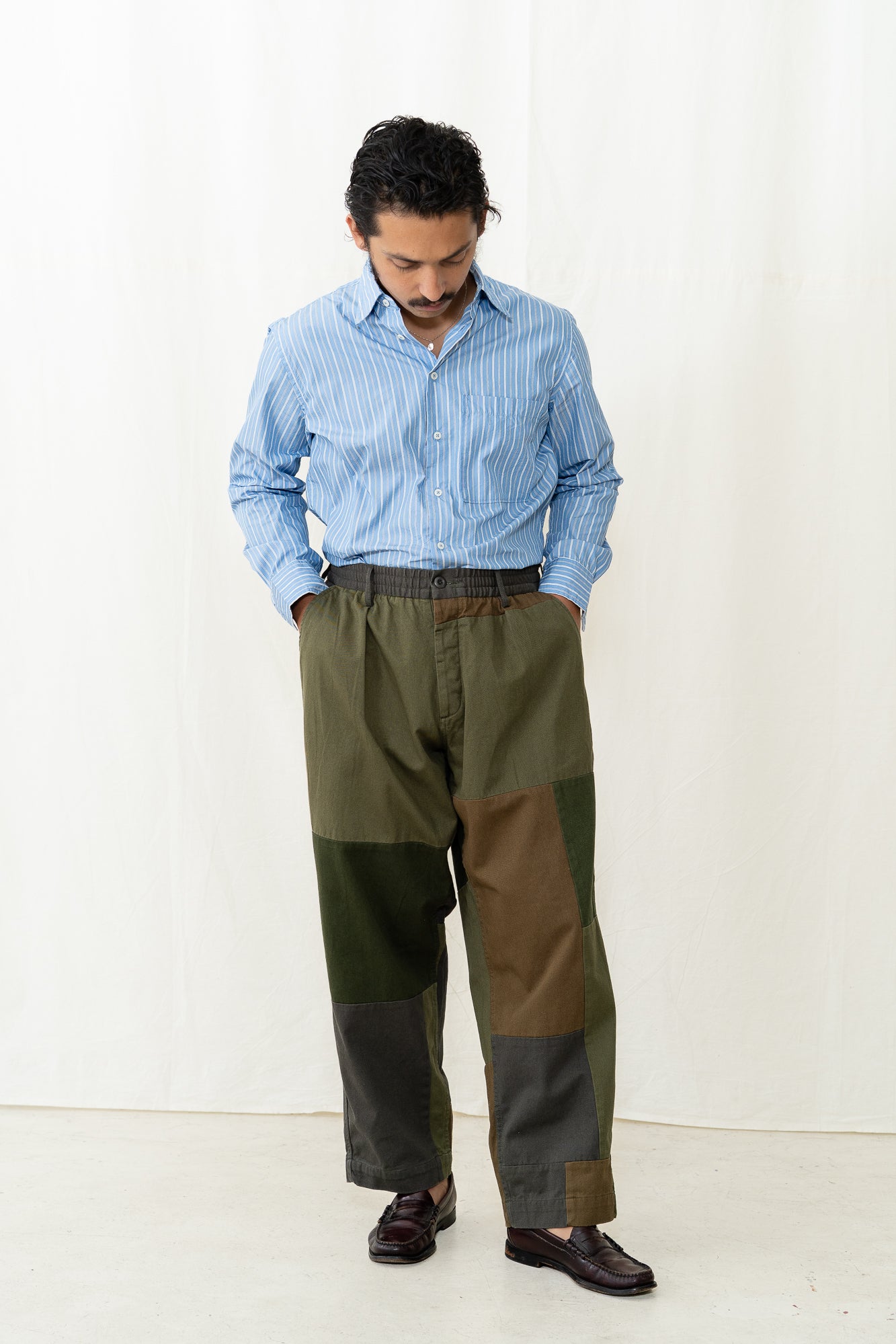 Universal Works Oxford Pant in Olive Patchwork