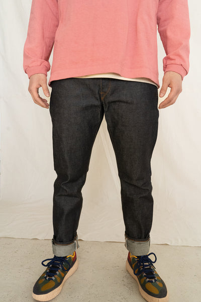 【ANGLAN】Pigment Ethnic L/S & Stud Nonfade Denim Half PT Grandad Collar Half Placket Denim Shirt | Indigo | TOAST